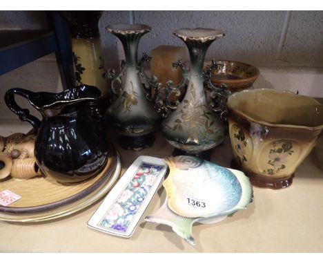 Shelf of mixed ceramics to include a pair of vases, H: 27 cm. Not available for in-house P&amp;P, contact Paul O'Hea at Mailb