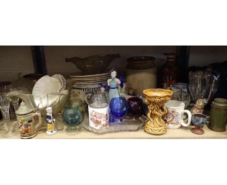 Shelf of mixed ceramics and glass to include Coalport figurine, H: 20 cm. Not available for in-house P&amp;P, contact Paul O'