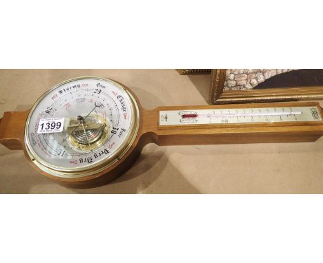 Oak cased barometer/thermometer, L: 53 cm. Not available for in-house P&amp;P, contact Paul O'Hea at Mailboxes on 01925 65913