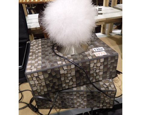 Pair of mosaic effect lamps, H: 30 cm and a feather shade lamp. Not available for in-house P&P, contact Paul O'Hea at Mailbox