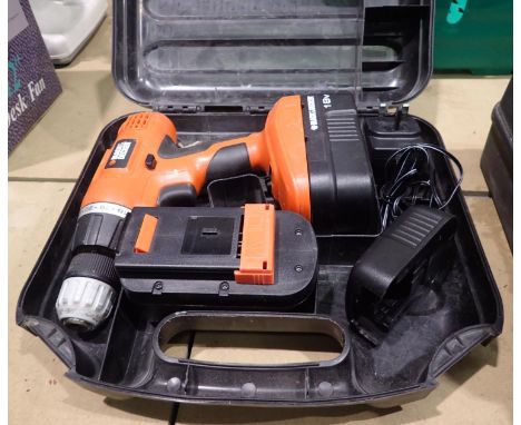 Black & Decker 18v battery drill with charger. Not available for in-house P&P, contact Paul O'Hea at Mailboxes on 01925 65913