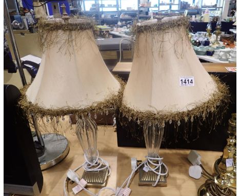 Pair of glass and resin lamps with shades, H: 60 cm. Not available for in-house P&P, contact Paul O'Hea at Mailboxes on 01925