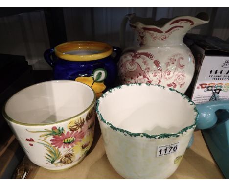 Four ceramic plant pots including a wall hanging example., largest H: 31 cm. Not available for in-house P&amp;P, contact Paul
