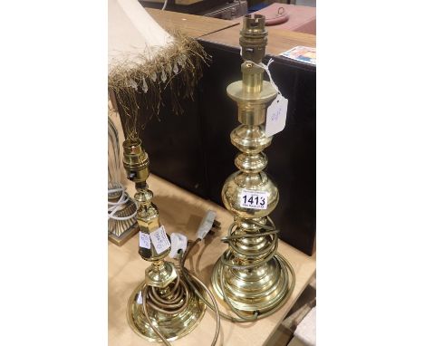 Large brass table lamp base, H: 47 cm, together with a smaller example. Not available for in-house P&P, contact Paul O'Hea at
