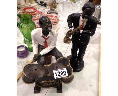Two ceramic jazz musicians including drummer and saxophonist, largest H: 29 cm. Not available for in-house P&amp;P, contact P