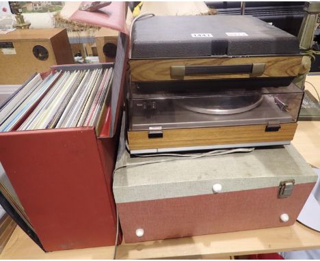 Three record players and a case of approximately 45 mainly jazz LPs  Not available for in-house P&P, contact Paul O'Hea at Ma