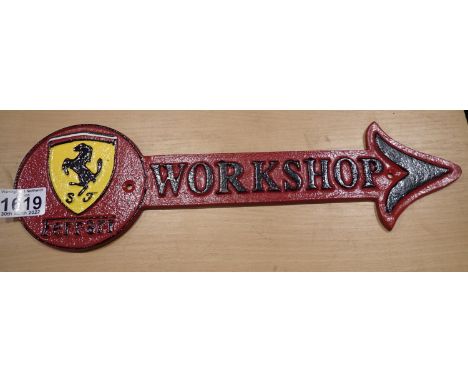 Cast iron Ferrari workshop arrow sign, 40 x 12 cm H. P&amp;P Group 2 (£18+VAT for the first lot and £3+VAT for subsequent lot