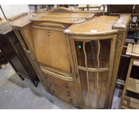 Vintage oak combination bureau and glazed display unit, 125 x 35 x 120 cm H. Not available for in-house P&amp;P, contact Paul