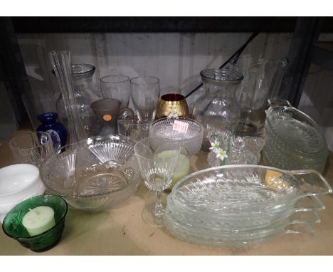 Shelf of mixed glass items to include water jug, H: 20 cm. Not available for in-house P&amp;P, contact Paul O'Hea at Mailboxe