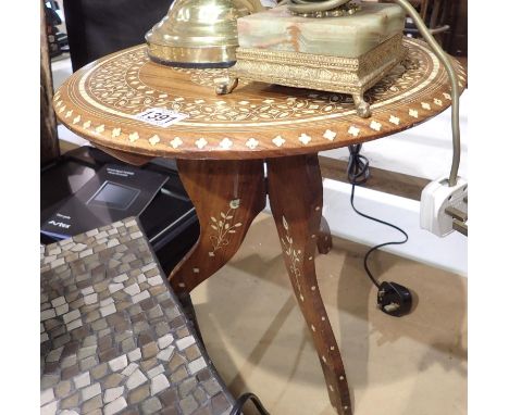 Oak decorative inlaid campaign table, 40 x 39 cm H. Not available for in-house P&P, contact Paul O'Hea at Mailboxes on 01925 