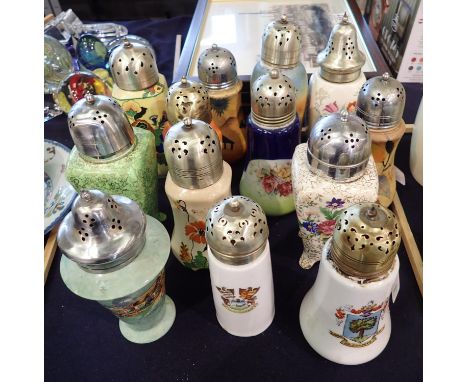 Thirteen ceramic sugar shakers to include crested ware, largest H: 17 cm Not available for in-house P&amp;P, contact Paul O'H