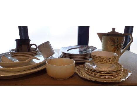 Shelf of mixed ceramics including Indian tray, D: 43 cm. Not available for in-house P&amp;P, contact Paul O'Hea at Mailboxes 