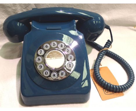 Azure blue, GPO746 Retro push button telephone replica of the 1970s GPO746 classic, compatible with modern telephone banking 