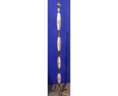 Brass and ceramic decorative standard lamp, H: 140 cm. Not available for in-house P&amp;P, contact Paul O'Hea at Mailboxes on