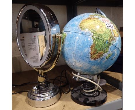 Light up globe and a light up make up mirror, H: 40 cm. Not available for in-house P&P, contact Paul O'Hea at Mailboxes on 01