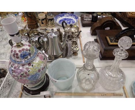 Mixed items to include two glass decanters and an Oriental table lamp etc, H: 40 cm. Not available for in-house P&P, contact 