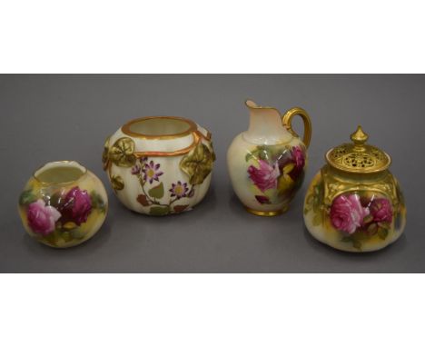 Two Royal Worcester vases, a jug and a pot-pourri jar. The jug 10.5 cm high.