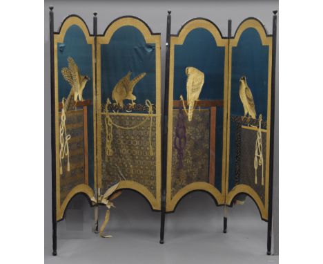 A 19th century Japanese embroidered silkwork four panel folding screen with black lacquered frame, each panel depicting a bir
