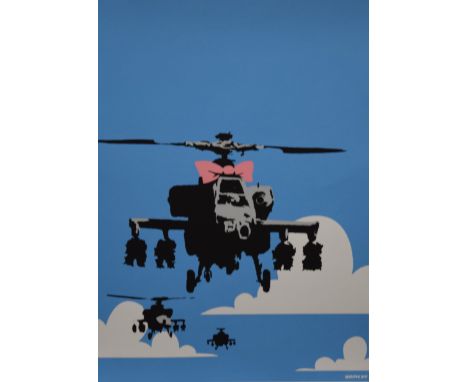 BANKSY (born 1974) British (AR), Happy Choppers - Helicopter with Pink Bow in Blue Sky, print, stamped to reverse BANKSY COPY