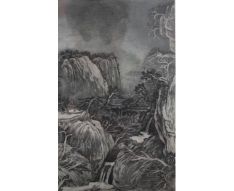 A Chinese Mountainous Scene, print, framed and glazed. 15 x 24.5 cm.