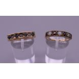 A 9 ct gold diamond and sapphire ring, and a 9 ct gold opal and garnet ring.