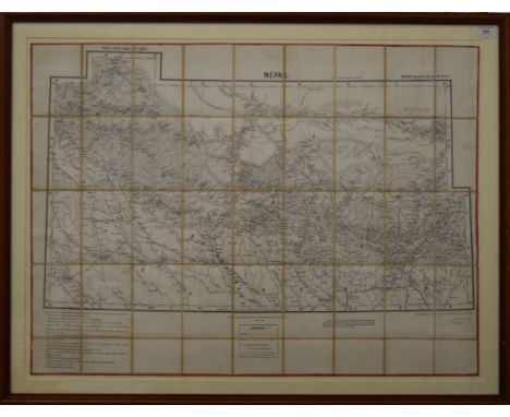 An early map of Nepal, dated 1892, linen backed and mounted, framed and glazed. 105 x 80.5 cm overall. Published under the di