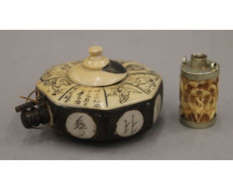 An Oriental bone mounted travelling inkwell and a carved bone snuff bottle. The former 7 cm wide.