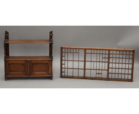 A Victorian walnut hanging shelf and a printer's tray. The former 53 cm wide.