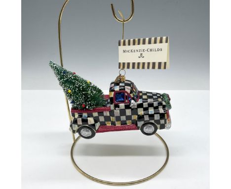 Brightly colored and creatively designed truck with tree in bed of truck, ready to hang. MacKenzie-Childs tag. 53914-01. This