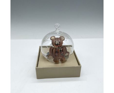 Clear glass globe with hand painted Holiday Teddy with white trees. Burberry mark. This item has its original box: 4"L x 4"W 