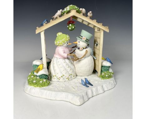 This resin piece is hand painted with wood textures, features two snowmen holding hands under a festive garland, surrounded b
