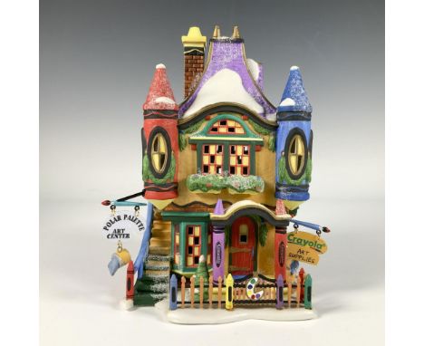 Hand painted porcelain building, the Polar Palette Art Center features crayon shaped columns and vibrant snow covered roofs. 