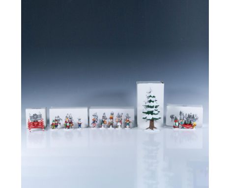 This grouping includes 5 sets of 11 figurines: Sing a Song for Santa #5631-6, Early Rising Elves #56369, Candy Cane Bench #52