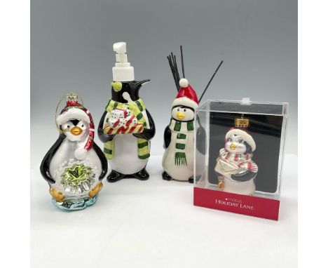 Holiday decor includes Certified International Stephanie Stouffer Penguin soap dispenser and incense stick holder, plus 2 mol
