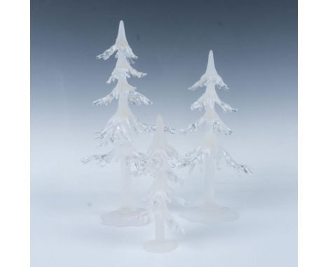 Set of three frosted glass trees with translucent branches and a snow dusted design. This item has its original box. Box meas
