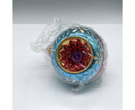 Glass ornament made exclusively for the Whitley Collection, colored in red, blue and white with gilded accents. Christopher R
