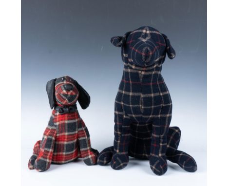 Tall blue plaid stuffed animal (18"H) - 346 Brooks Brothers tag. Red plaid seated weighted dog (13.5"H) - no tag. Largest pie