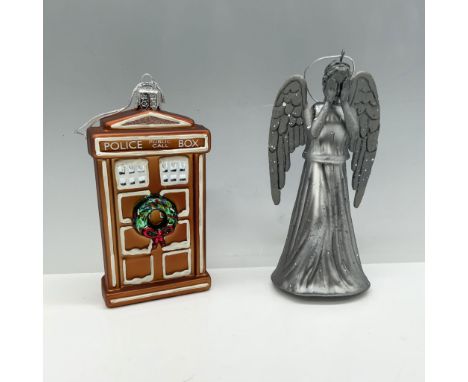 Marvelous duo of hand crafted decor that includes a police public call box, and a gray crying angel. BBC sticker on both item