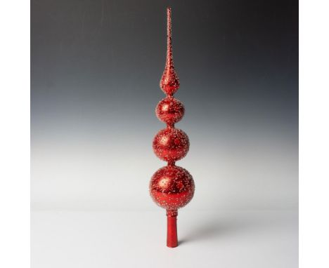 Mouthblown and hand painted tall festive scarlet tree top. Adorn with red glitter and clear tiny beads. This item has its ori