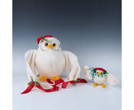 Adorable set of birds with their wings spread that consists of a large owl wearing a hat and holiday berries, and a smaller o