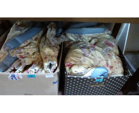 Two pairs of blue and cream floral silk curtains