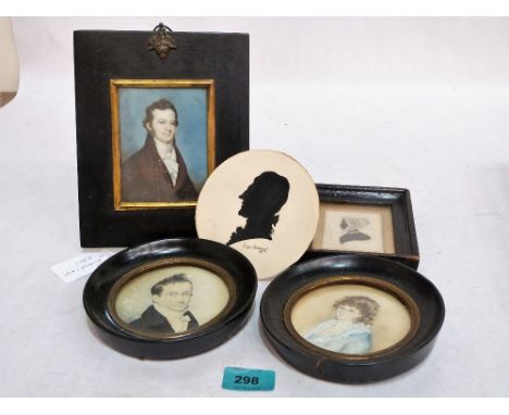 One and a pair of Regency portrait miniatures and two silhouettes of similar period