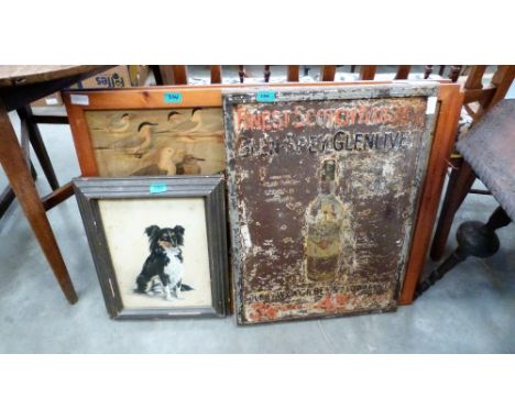 A Glenlivet Scotch Whiskey tin sign, four bird prints and a watercolour of a dog signed S. Ripley