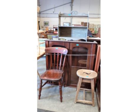 A mahogany glazed bookcase, a wall shelf, pine stool and a Victorian kitchen chair