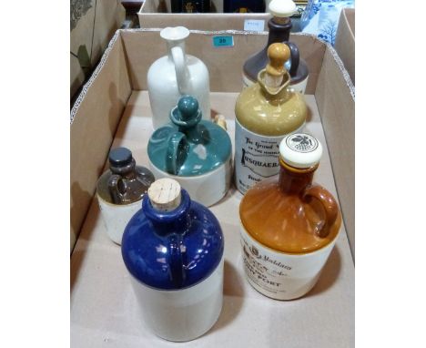 Seven advertising stoneware flagons, viz; Finlaggan Islay Malt; Macquarie Tawny Port; Usquaebach Scotch Whisky; Glenfiddich; 