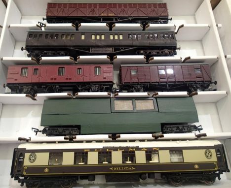 Six OO scale coaches, Siphon and Dapol track cleaner, repainted mostly good condition in Warley storage box. P&amp;P Group 1 