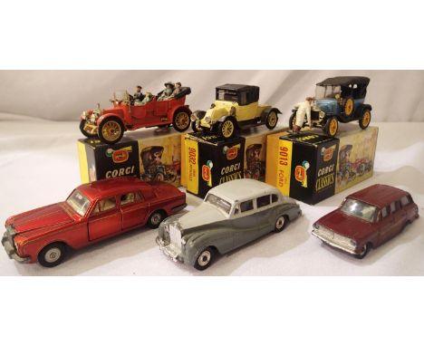 Three Corgi Classics, 1915 Ford, 1910 Renault, 1910 Damler, all in good to very good condition, boxed and three unboxed Dinky