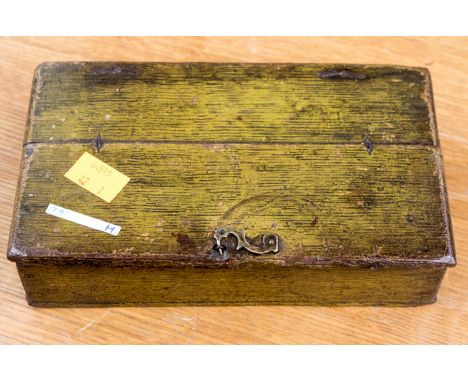 A small light green painted oak box with double hinged lid of the 18th Century period with original snape hinges, 20cm wide, 