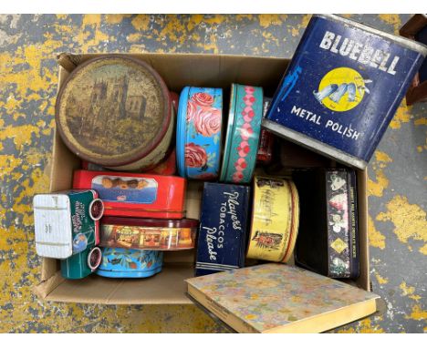 A box of mostly large scale old confectionery and other tins including Bluebell Metal Polish.