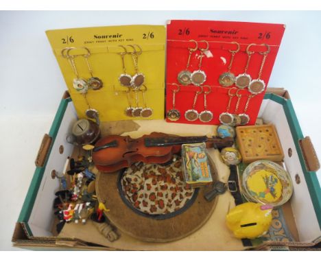 A box of early circa 1950s/1960s toys to include games, tinplate, circus monkey, Scalextric etc.